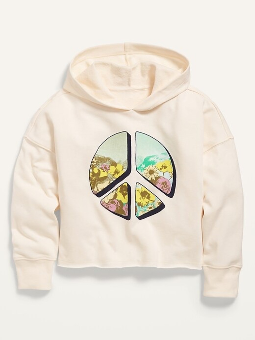 Girls' XL 14-16 Cream slouchy Peace Sign Hooded Sweatshirt Floral Print raw edge